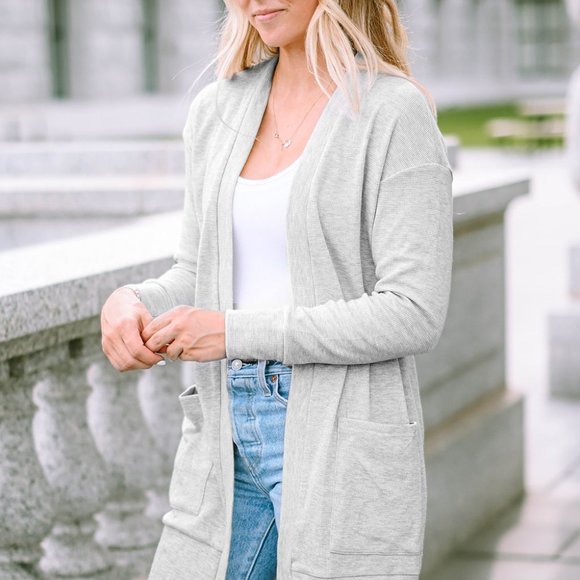 Unbranded Sweaters - Light Gray Thermal Waffle Knit Open Front Pocketed Long Cardigan Fall Winter